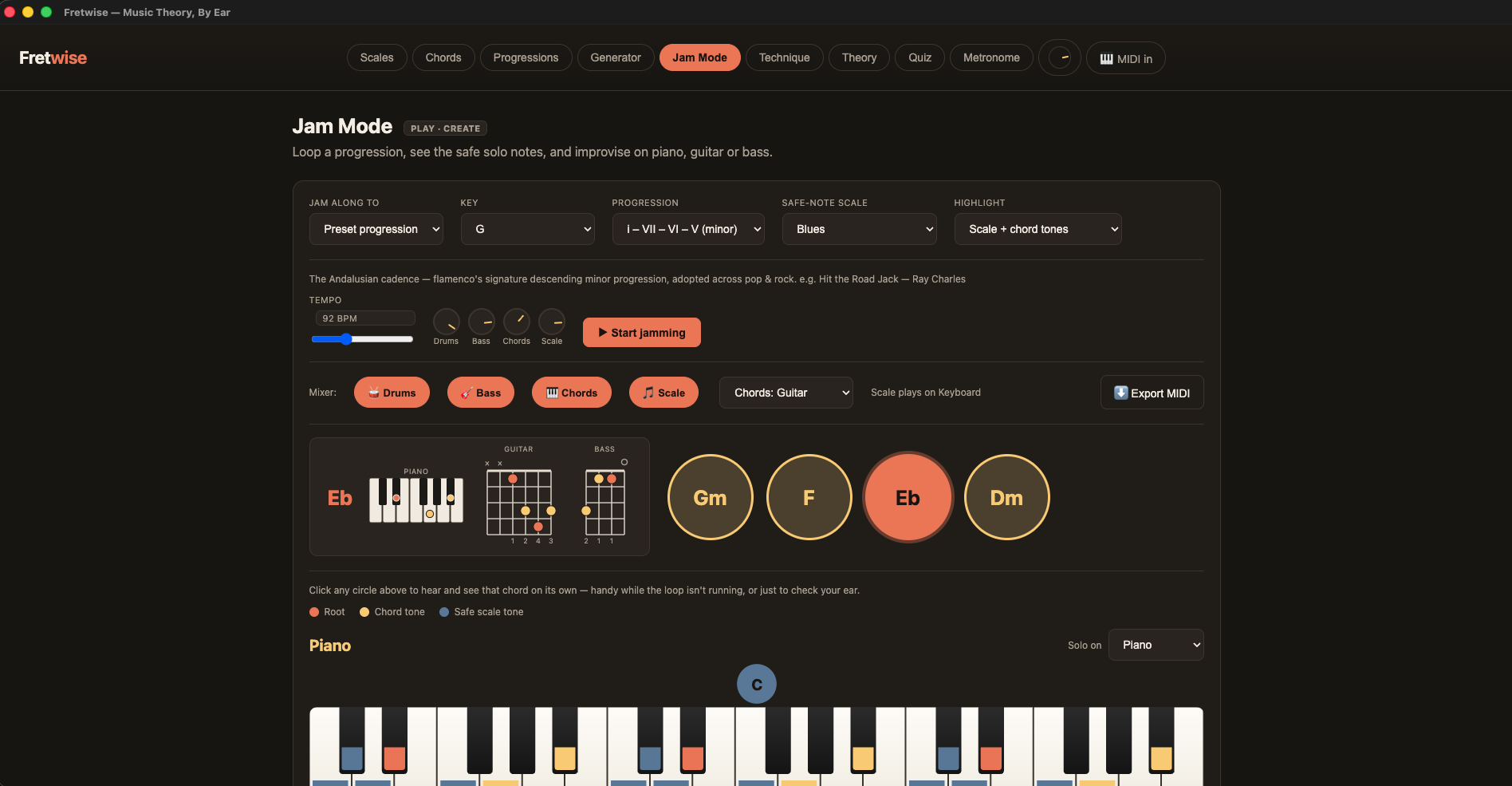 Fretwise Jam Mode: akkoordenschema, toetsenbord en gitaar- en bastabs